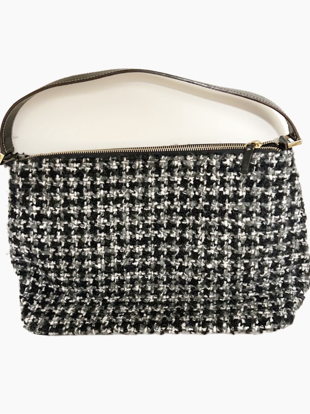Kate Spade Preppy Black & White Tweed w/ Leather Trim Zip Vintage Shoulder Bag